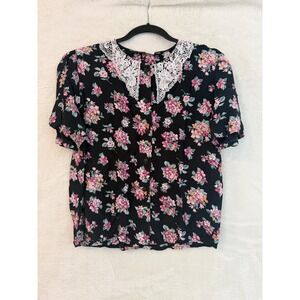 Bryn Connelly Vintage Floral Lace Collar Blouse Black Pink Short Sleeve Small